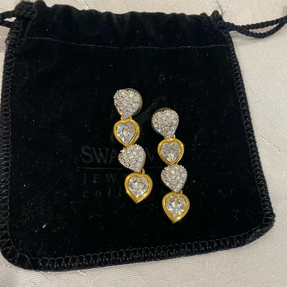 Swarovski Gold Tone with Clear Crystal Drop Heart Earrings with Swan Logo
